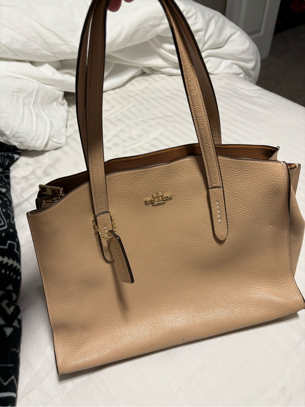 Coach Pebbled Leather Tote in Taupe Beige with Gold Hardware